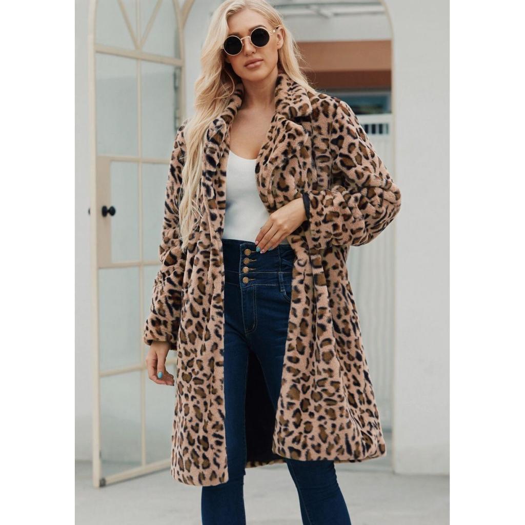 New leopard print imitation fur coat medium and long coat plush trench coat suit collar