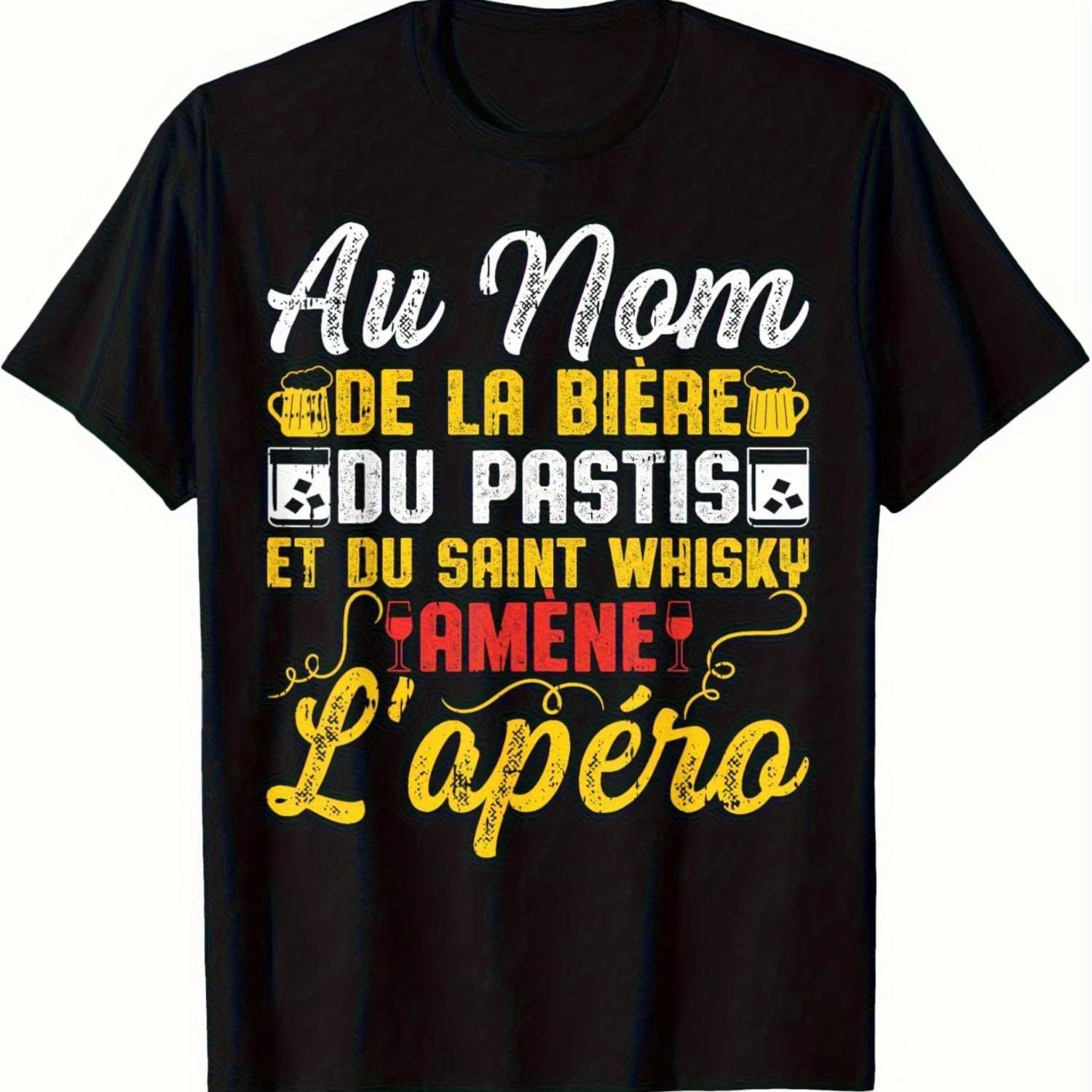 

Funny French Beer and Pastis T-Shirt for Men Au Nom De La Biere Et Du Pastis Graphic T-Shirt Black Shirt with Beer Mug Graphi... S разноцветный