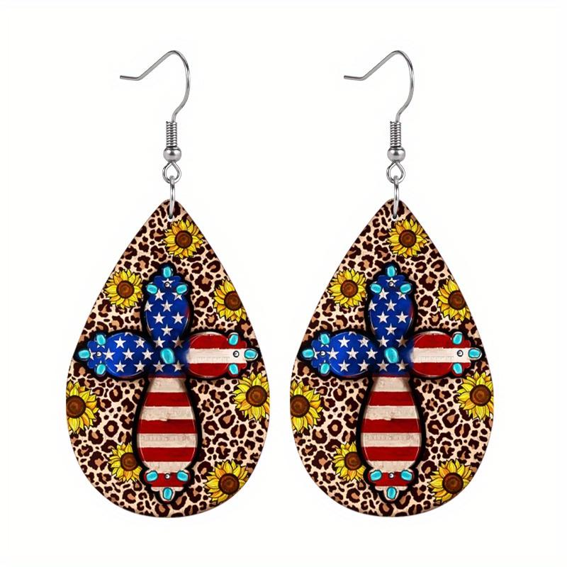Vintage American Flag Cross Sunflower PU Earrings for Women , Independence Day Gnome Hold Red Love Water Drop Earrings,