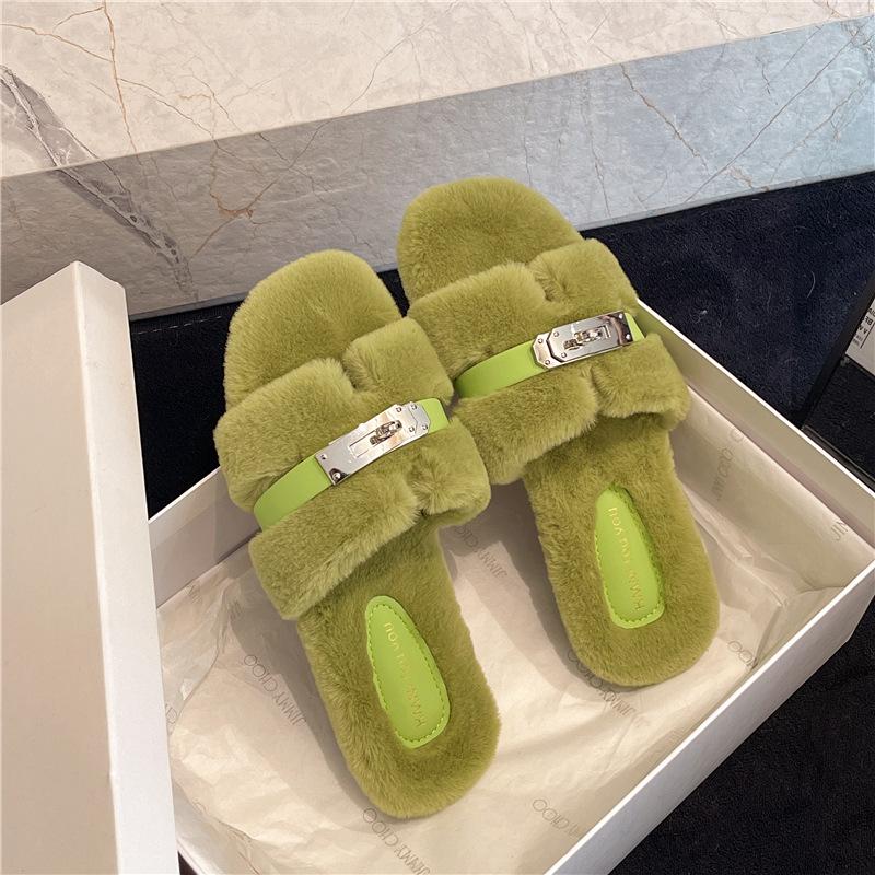 2025 Herbst- und Wintermode einfache Gürtelschnalle Internet-Berühmtheit flauschige Hausschuhe Damenbekleidung lässige dicksohlige Ein-Wort-Baumwollschuhe