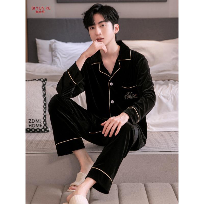 Men's Pajamas Autumn and Winter Golden Velvet Warm Long-sleeved Cardigan Loungewear High-end Men's Models Can Be Worn Outside a Two-piece Set