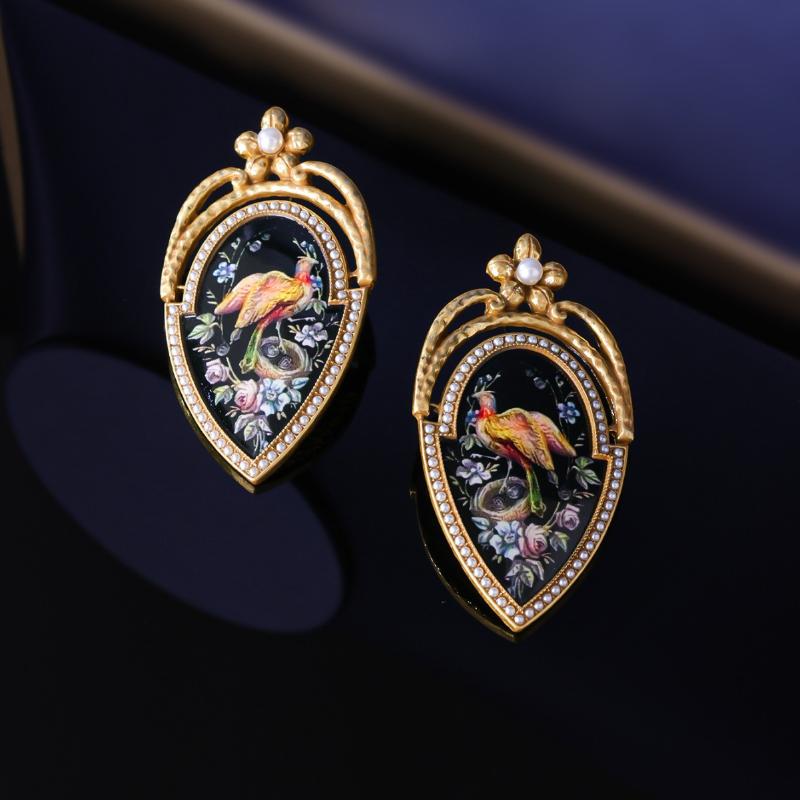 Vintage Floral And Bird Pattern Earrings Retro Palace Style Light Luxury Artistic Diamond-Studded Elegant Jewelry Gift