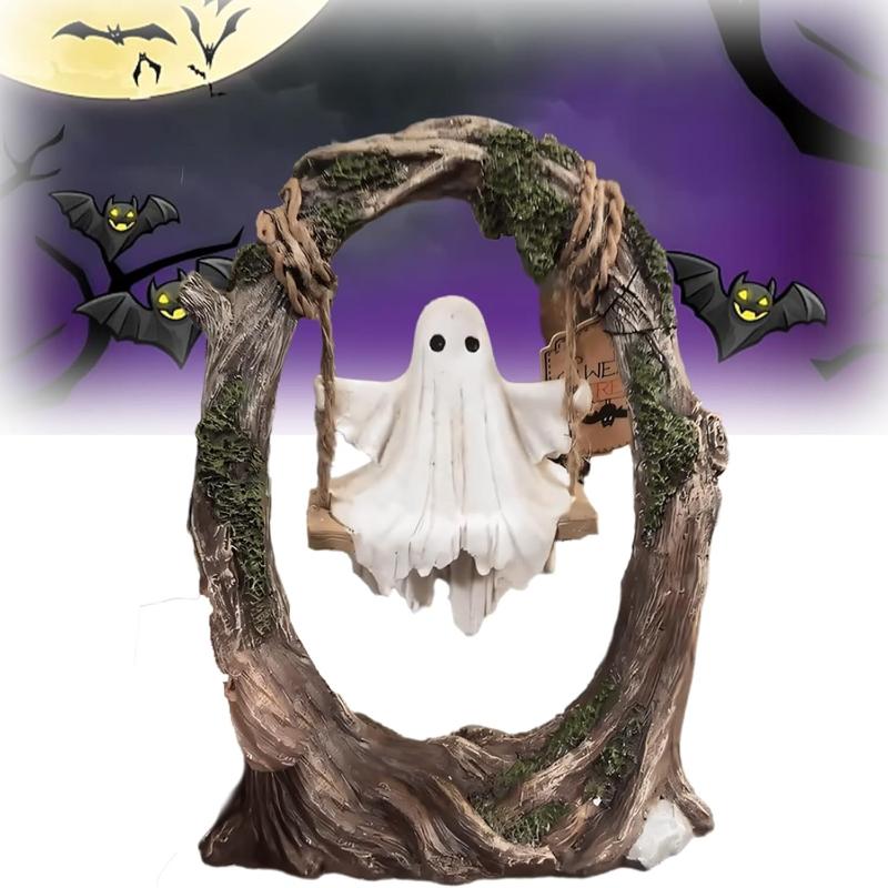 Halloween Swing Ghost Statue Resin Spooky Figurine Ghost Tree Swing Ornament Desktop Bookshelf Garden Patio Lawn Halloween Decor