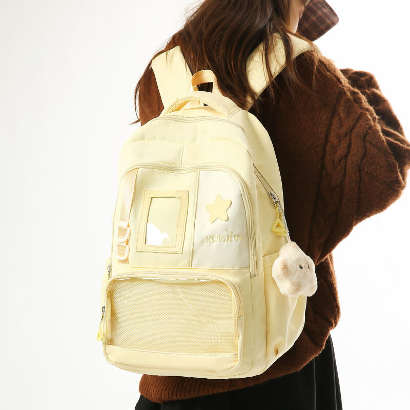 Cute Nylon Backpack for Women – Star Patch Design School Bag with Front Pocket for Everyday Use