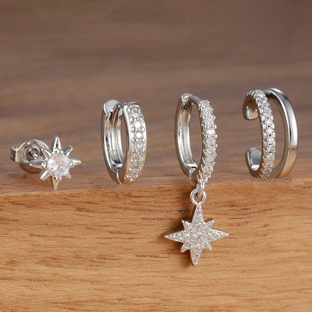 4pcs Fashion Stainless Steel Cubic Zirconia Star Dangle Earring Set For Women Cartilage Piercing Earring Ear Clip Korean Jewelry
