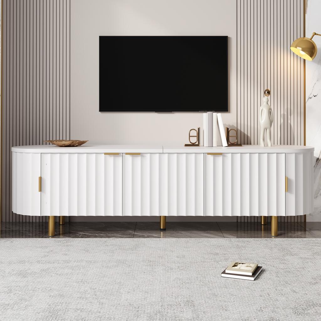 TV Lowboard Made of MDF with 5 Doors, Fluted Front, Rounded Sides, Iron Feet and Iron Handles