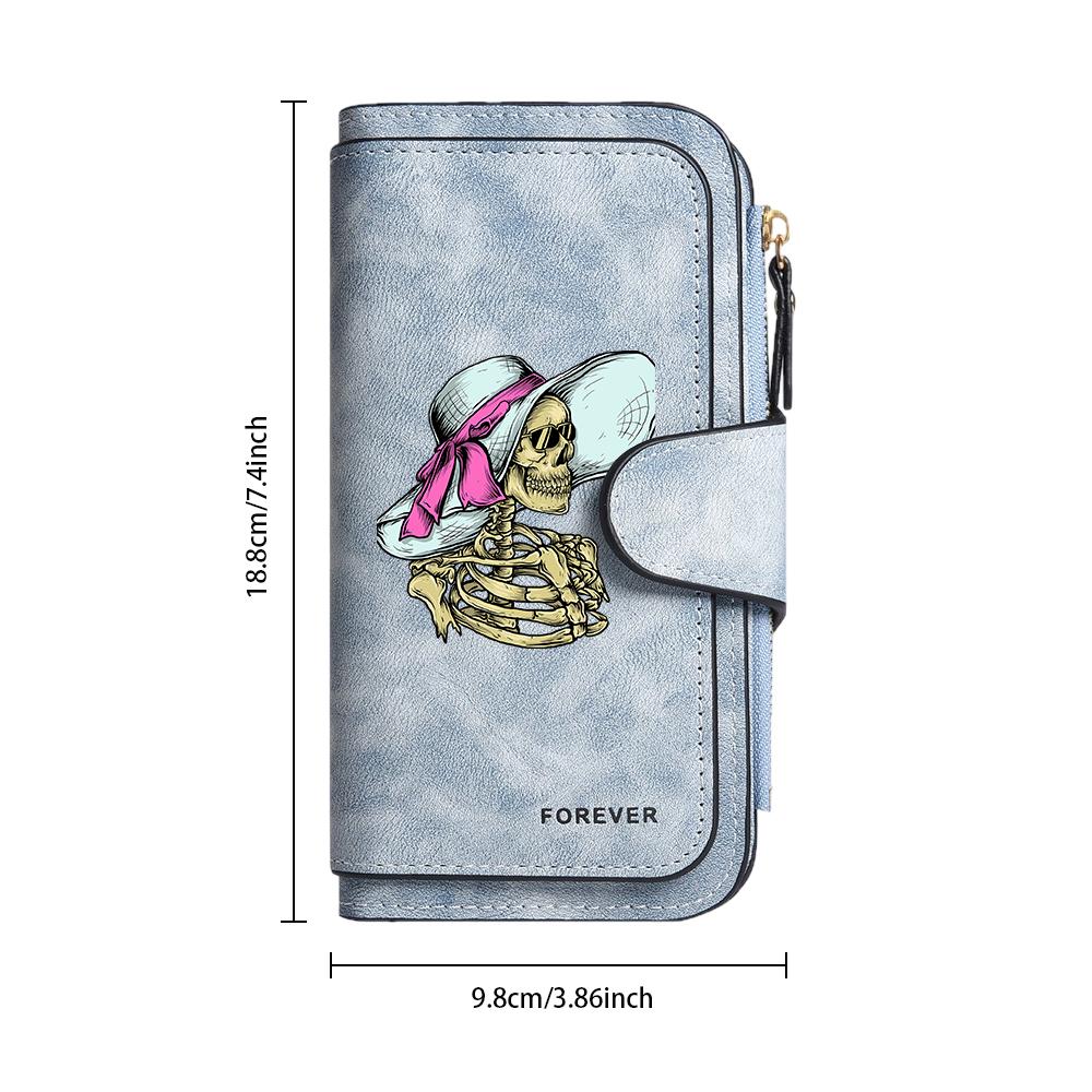 Chic Skeleton Lady Pattern Wallet Forever PU Leather Long Purse with Multiple Card Slots Zipper Pocket for Daily Use