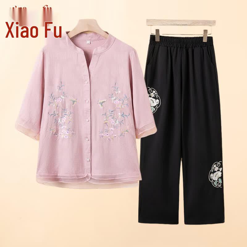 Elegant Embroidered Floral Summer Set for Mature Women