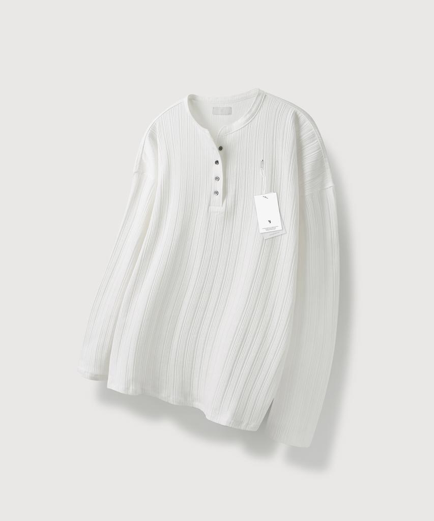 MOOD INSIDE Ribbed Henley Neck Long Sleeve_White