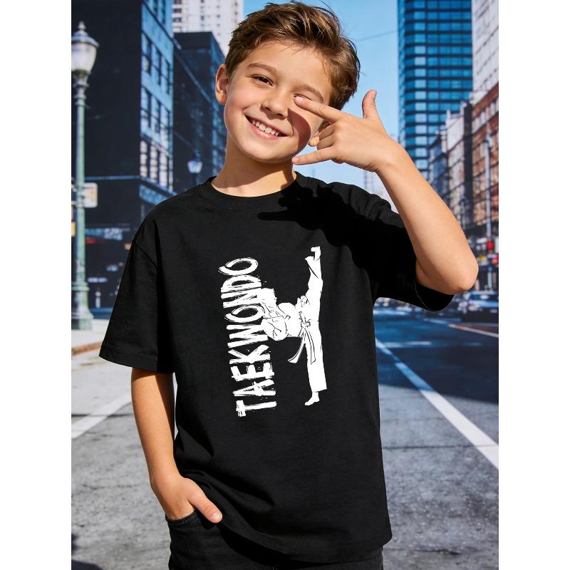European sizes Taekwondo Training T-Shirt With Taekwondo Silhouette Print | Martial Arts Theme Short-Sleeve Top 98cm чёрный