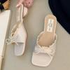 Fashion Elegant Lace Bow Embellished Brand Slippers Women Fashion Sexy Square Toe Open Toe Slide Sandals Sweet Sandalias Mujer De Verano