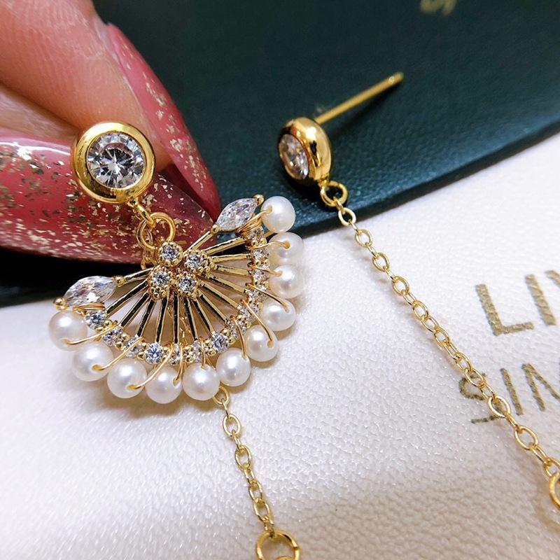 Korean New Fan-shaped Asymmetrical Earrings, Handwoven Natural Freshwater Pearl Stud Earrings, Niche 911 Silver Needle Women