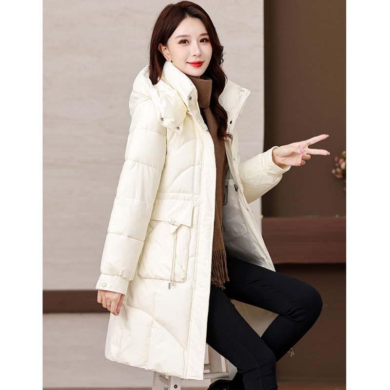 Winter Women Medium To Long Cotton Jacket Thickened Warm Casual Stand Collar Hooded Parker Coat Solid Color Warm Cotton Jacket