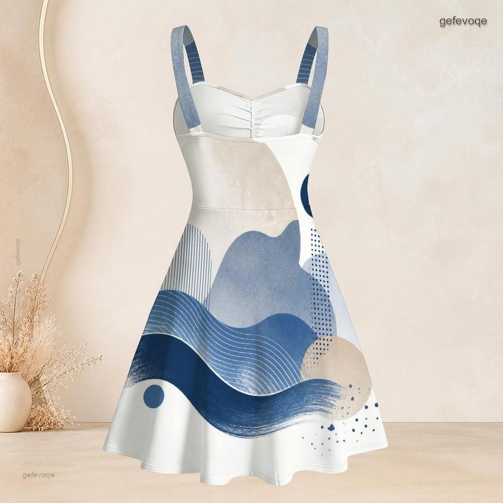Women Plus Size Sweetheart Neck Strappy Off Shoulder Sleeveless Dress Abstract Printed Blue Beige Flared Hem