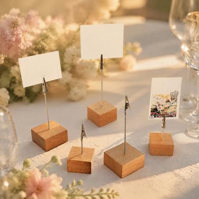 Cubo de Exibição de Fotos de Madeira Suporte com Clipe para Recados, Suporte Quadrado de Base Sólida de Madeira para Recibos de Restaurante, Suporte Vertical para Recibos para Festa de Casamento ou