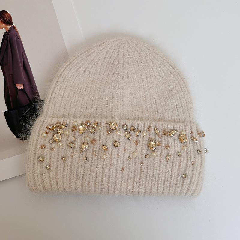 Knitted Hat Women's Winter Thickened Warm Ear Protection Hat Rhinestone Wool Hat Winter Hats for Women, Beanies for Women, Hats for Women Winter
