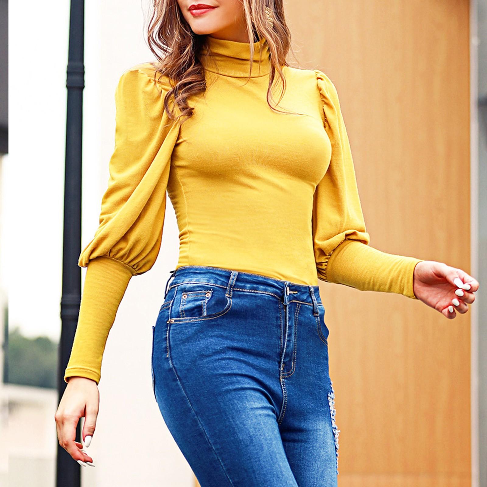 

Женская однотонная свободная блузка с пышными рукавами и водолазкой, повседневная блузка, топы XL жёлтый