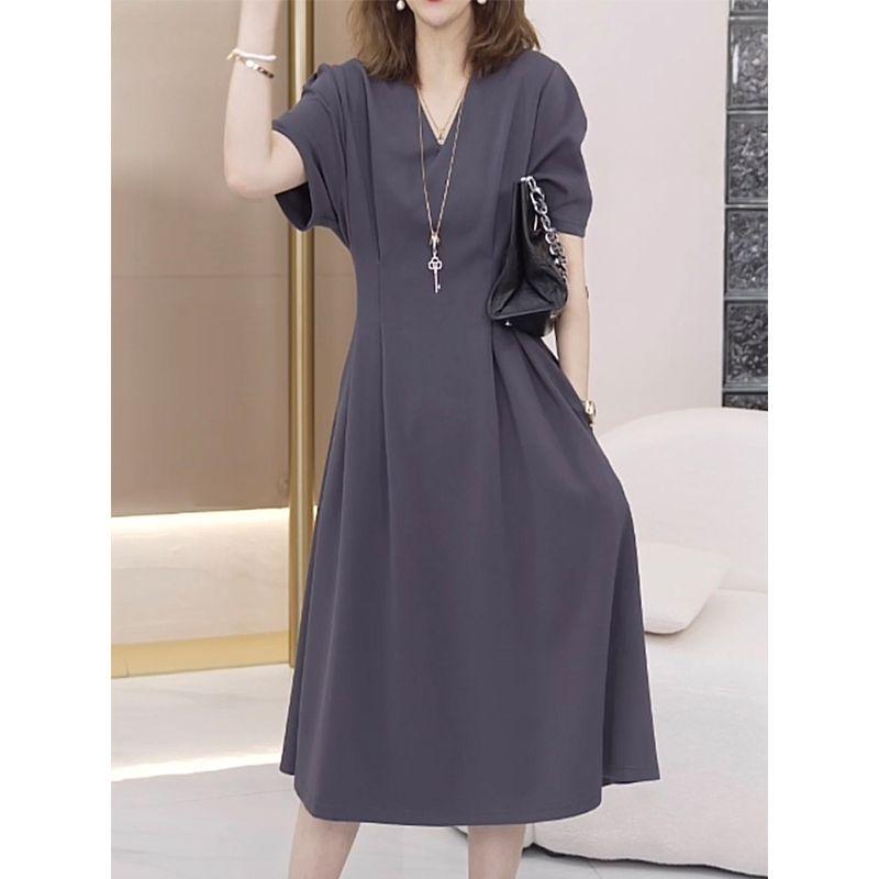 European summer chic design waist pinched small temperament dress fat mm thin large size knee casual skirt