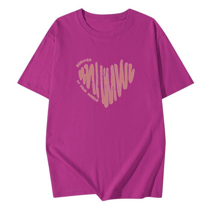 Plus Size Cotton T-Shirt - Women's Summer Short Sleeve Pink Heart Mid-Length Loose European Style
