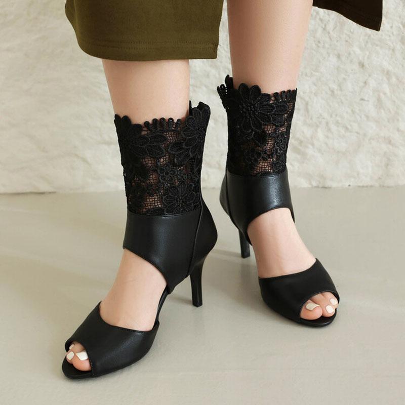 Summer Peep Toe High Top Sandals for Women Thin Heel 7.5cm Black White Lace Pumps Women Shoes Female Gladiator Sandalias WSH5046
