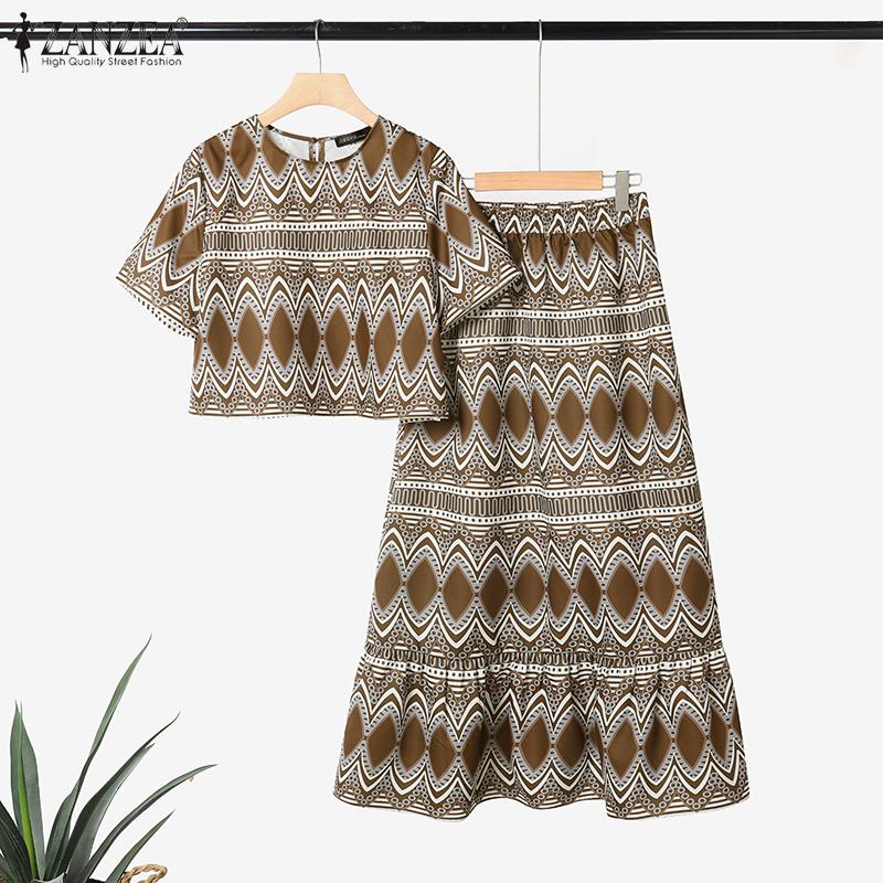 ZANZEA Women Short Sleeve Blouse and Long Skirts Summer Two Piece Suit Sets