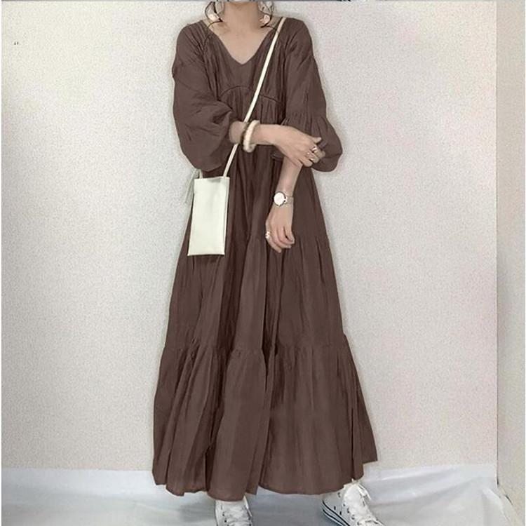 Damesmode zomer lente effen kleur print lange mouw V-hals hoge taille casual jurken