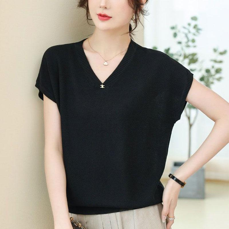 Casual Loose Knitted T-shirt Summer Thin Batwing Sleeve Women's Clothing All-match Solid Color Stylish Commute V-Neck Pullovers