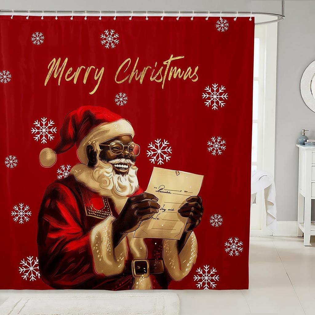 Christmas Cat Shower Curtain Cute Pet Cat Animal Bathroom Shower Curtain Sets, Xmas Decor Christmas Hat Fabric Shower Curtain