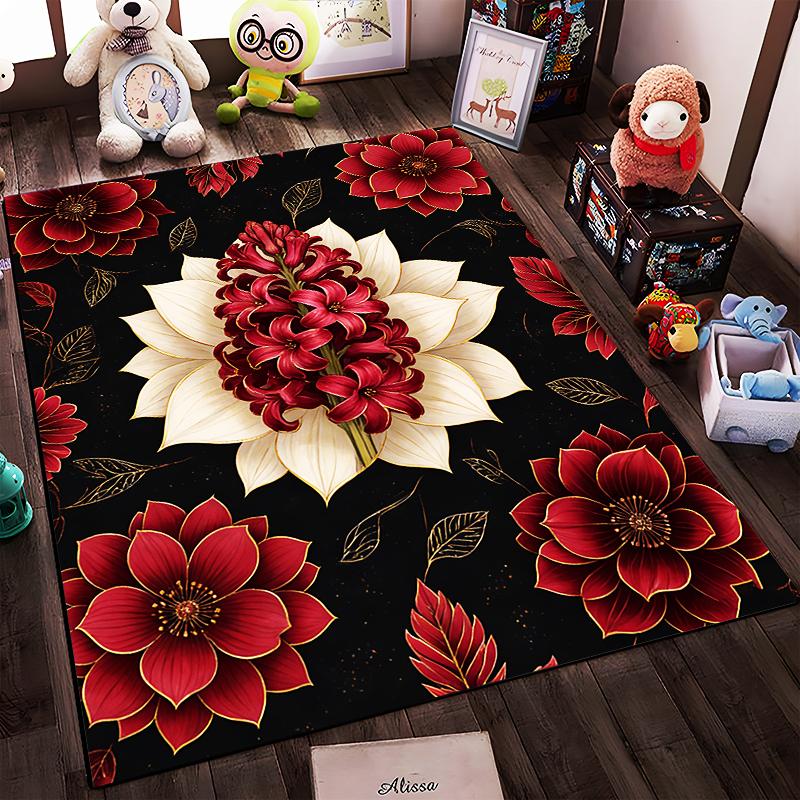 Luxury Floral Carpet with Red and White Flowers On Black Background Suitable for Use As an Anti-slip for Living Room Bedroom Sofas