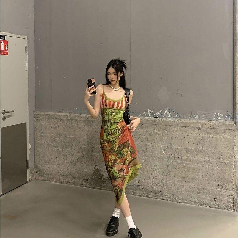 

Fashion Fancy Camouflage Sling Dress Women s Summer White Tight Waist Retro Mid Length Long Length Asymmetric Skirt Asymmetrical Long Dress S