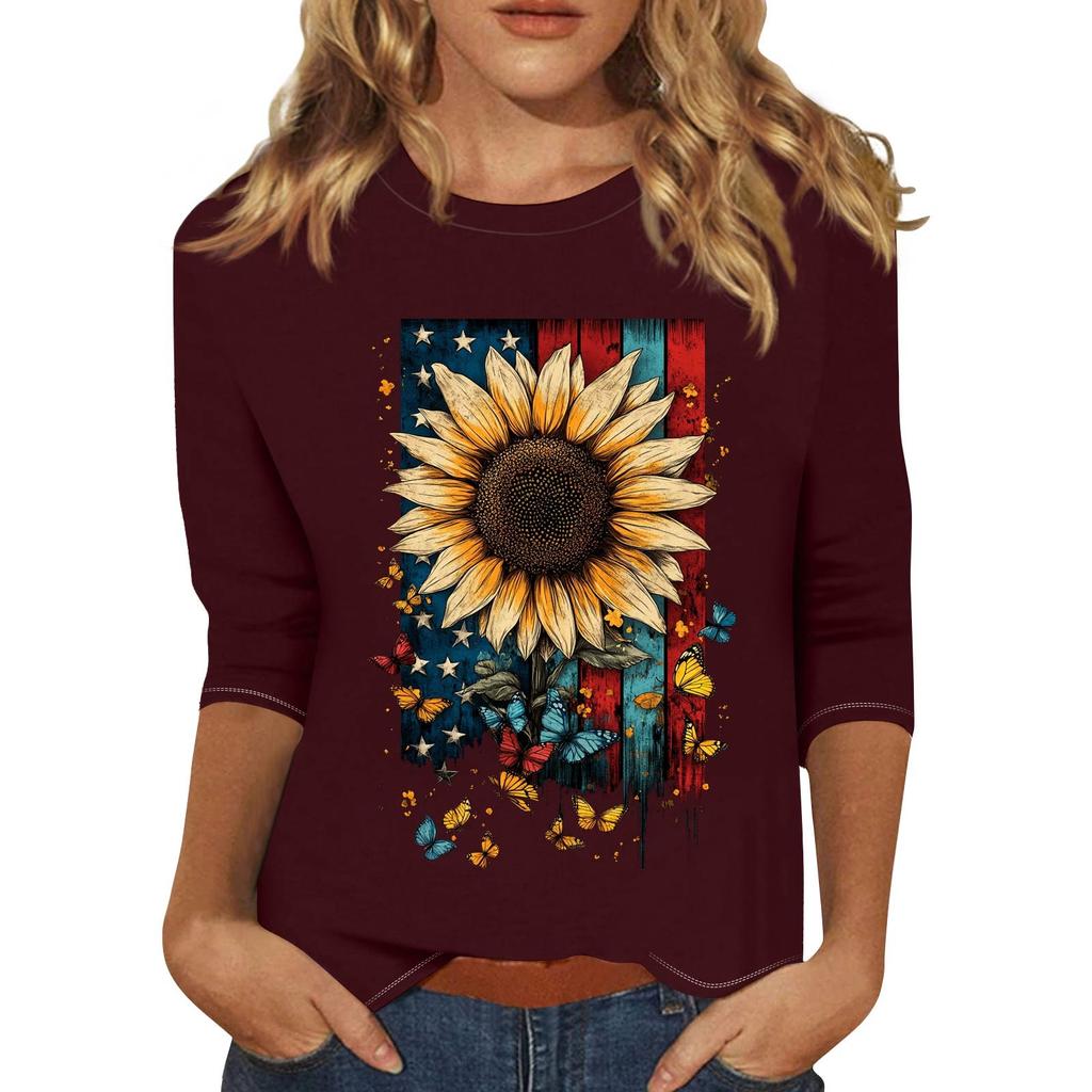 Women's Fashionable Casual Three Quarter Sleeve Printed Collar Pullover Top