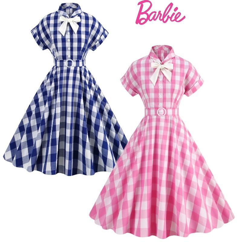 Vintage Barbie Pink Checkered Dress With Butterfly Bow-tie Collar