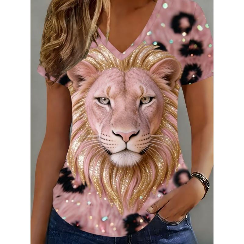 T-shirt estiva casual da donna con scollo a V e maniche corte, con alla moda stampa 3D, adatta per uscite o per stare a casa