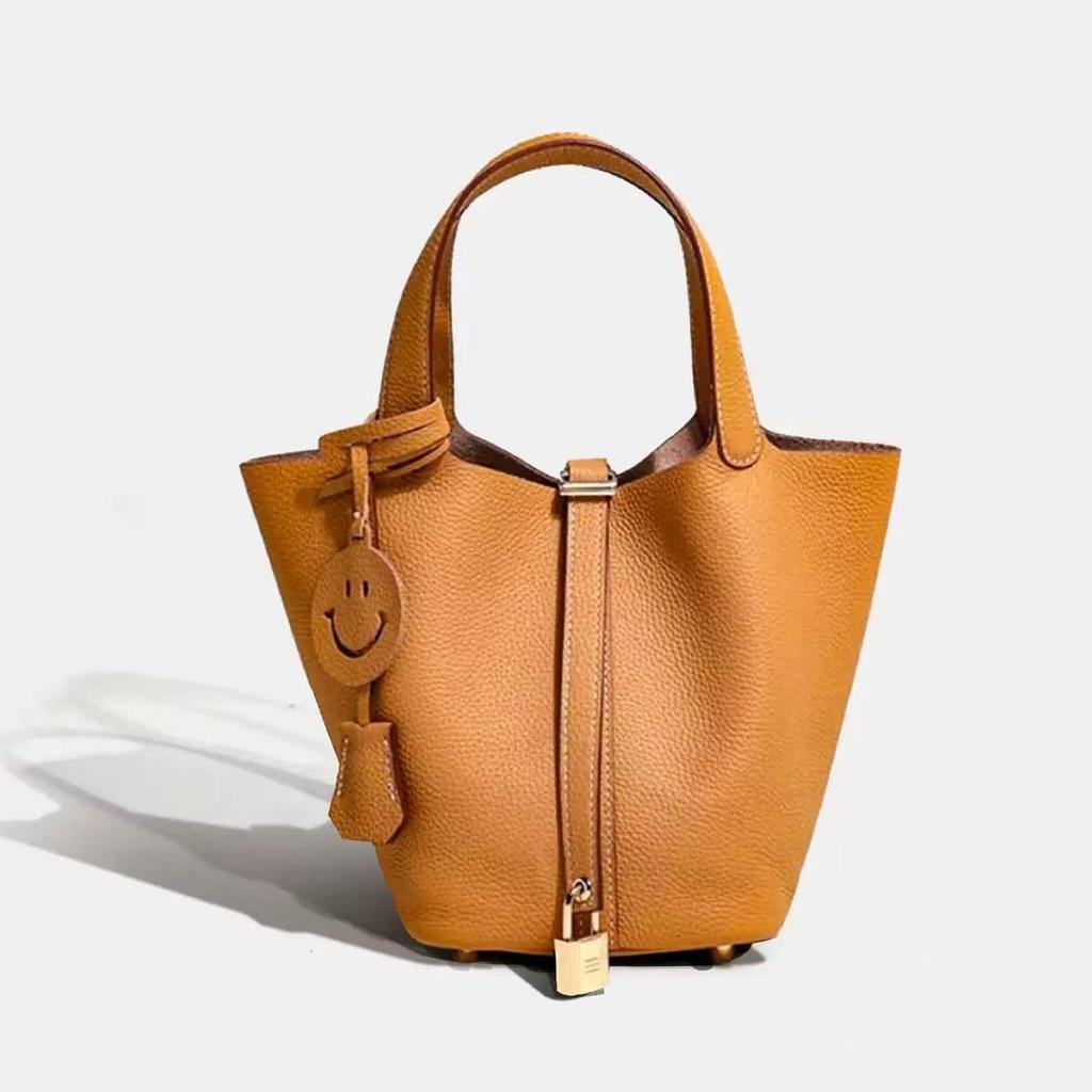 2026 Women's Genuine Leather Cowhide Basket Bucket Bag - Versatile, High-End Handbag