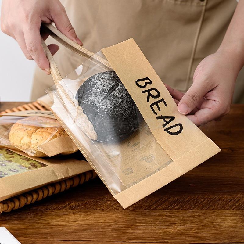 100pcs kraft bakery paper bags with gusset and window for bagels toast bread sandwich packaging with stickers