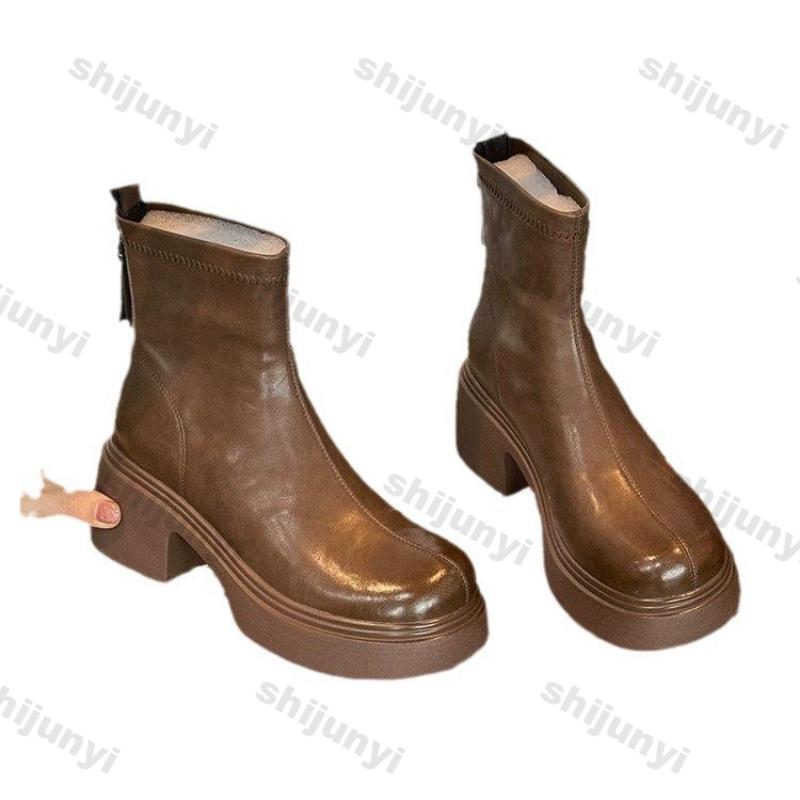 Fashion Women's Fashion Thick Heel Cotton Boots Winter New British Style Round Head Thick Sole Anti-slip Platform Comfort Ankle Boots