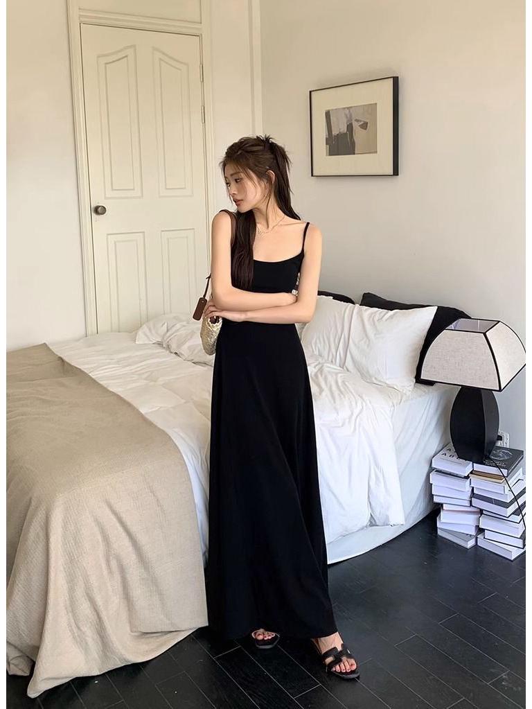 Spicy Girl Solid Color High-Waisted Spaghetti Strap Off-Shoulder Knee-Length Slimming Summer Dress