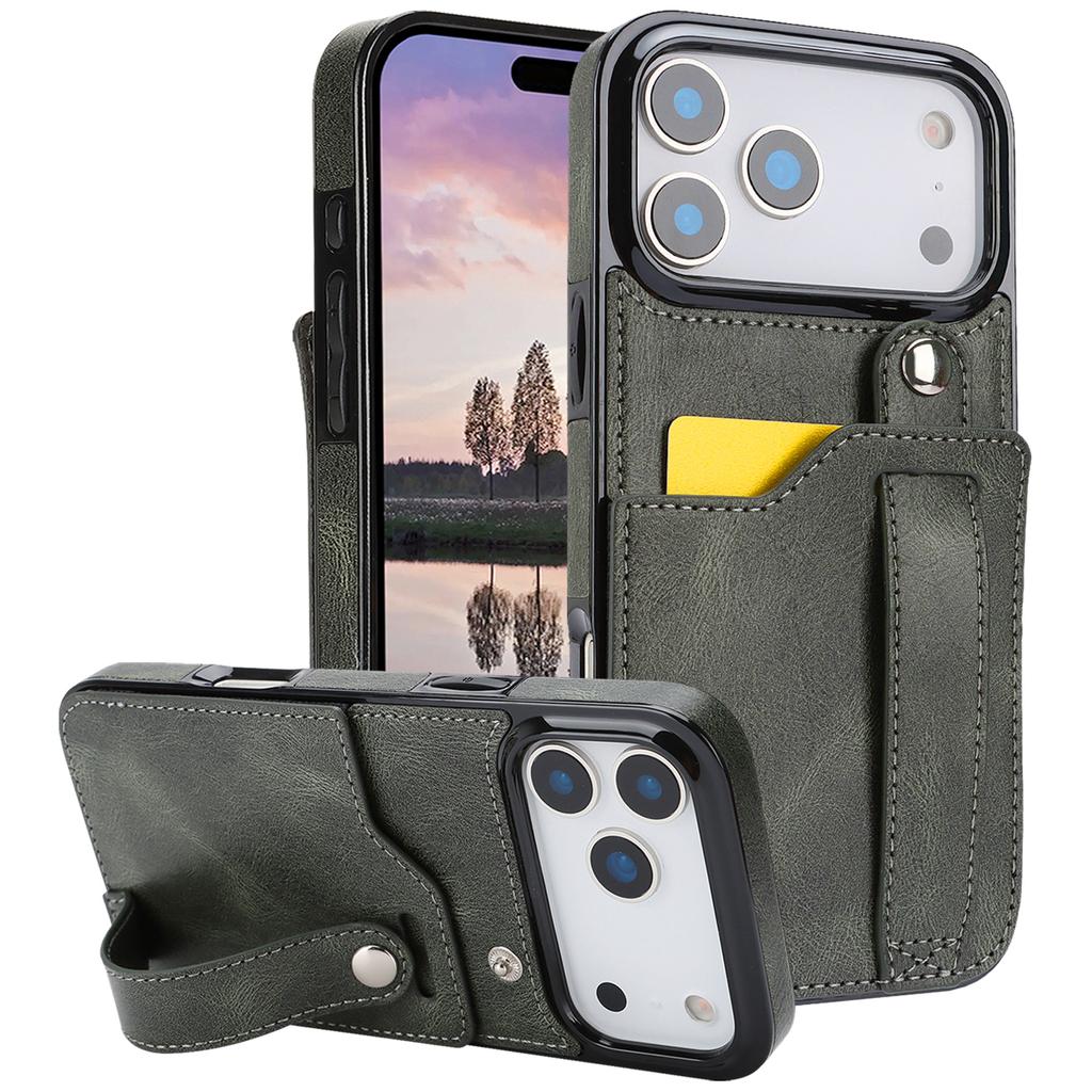 Cards Solt Wallet Wrist Band Leather Case for IPhone 17 16 15 Pro Max 12 13 11 XS X XR 15Plus Bracket Wristband KickStand Cover