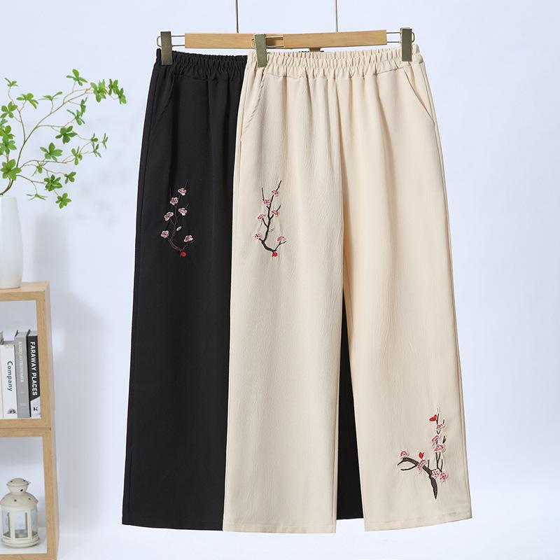 Mom's Summer Ice Silk Wide-Leg Pants - Loose, Casual, Nine-Point for Middle-Aged & Elderly Women