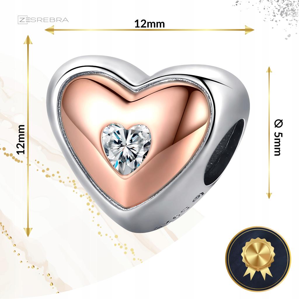 Heart Charms Rose S925 Pendant Cubic Zirconia Crystal Beads Plated