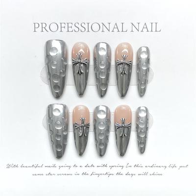 HANDMADE Long Water Droplet Shape Artificial Nail Flash Diamond Cross Water Drop Heavy Industry Punk Goth Niche Babes Dark Phototherapy Nails
