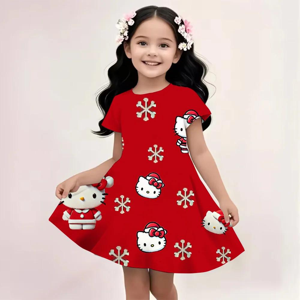 Sanrio New Summer Girls Dress Hello Kitty 3D Printed Fashionable Cartoon Cute Princess Girls Clothes Skirt Party Boys Kitty Cat