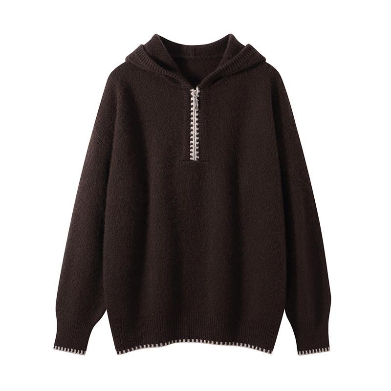 French Women's Cashmere Blend Half-Zip Hooded Loose Sweater