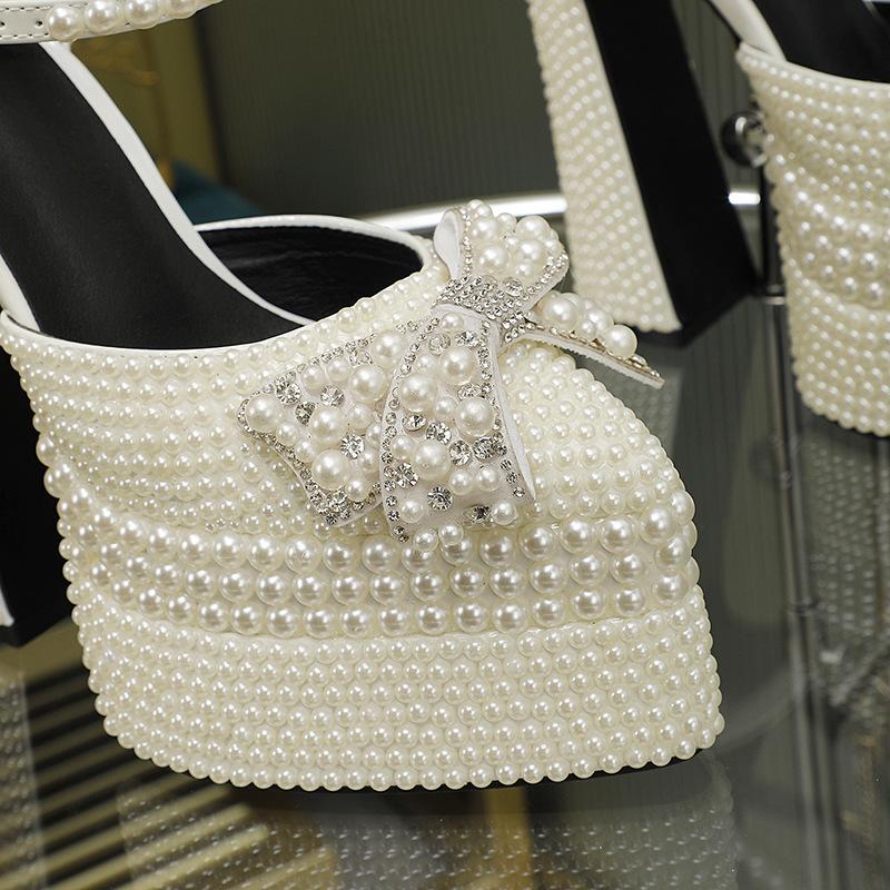 Fashion Luxury Handmade Full Pearls Rhinestones Bowknot Women Pumps Fashion Ankle Strap Platform Wedges High heels Banquet Wedding Shoes