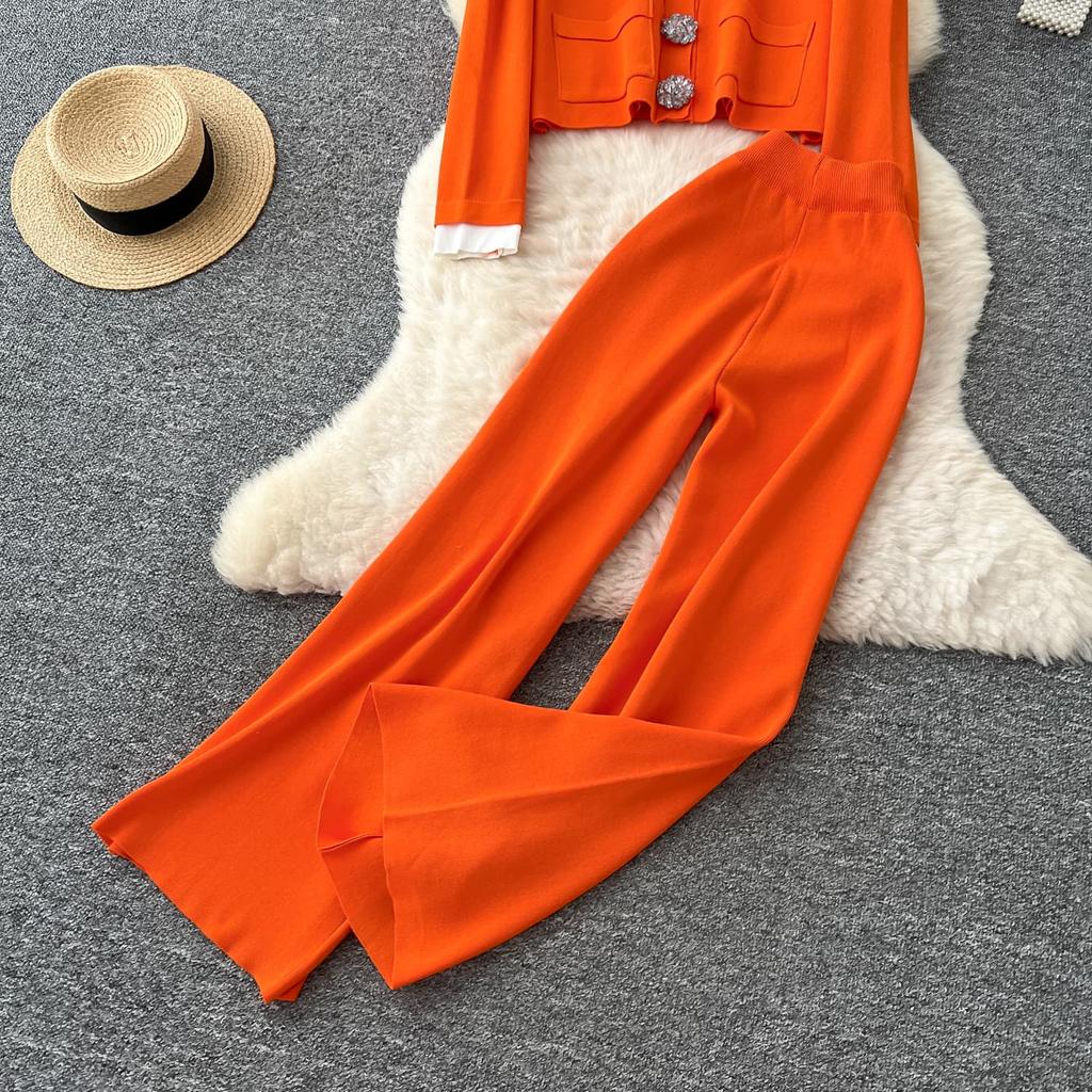 Winter Strickwaren Damen Anzüge Langarm Diamantknöpfe Oberteile+Freizeithosen mit weitem Bein Locker Warme Pullover-Sets