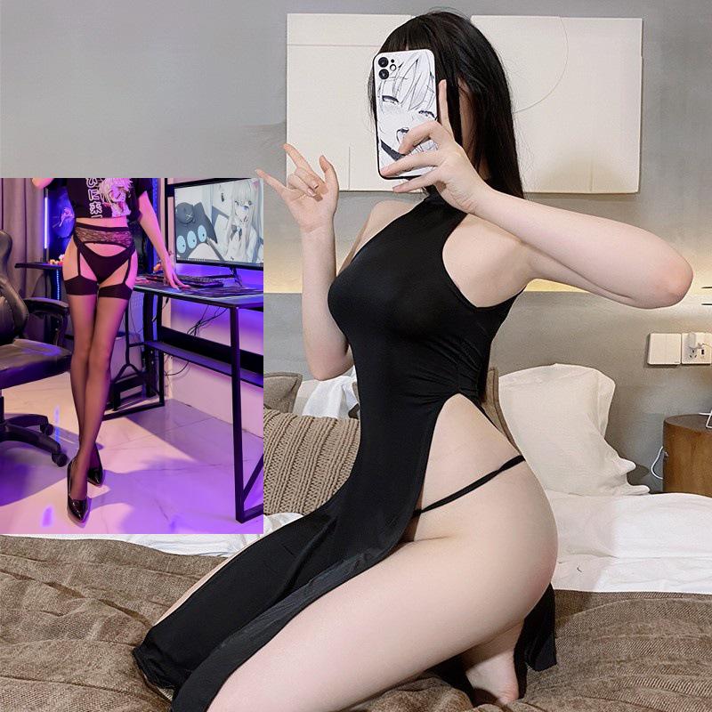 Plus Size Night Oath Tiffi High Slit Ice Silk Cheongsam Lingerie Dress