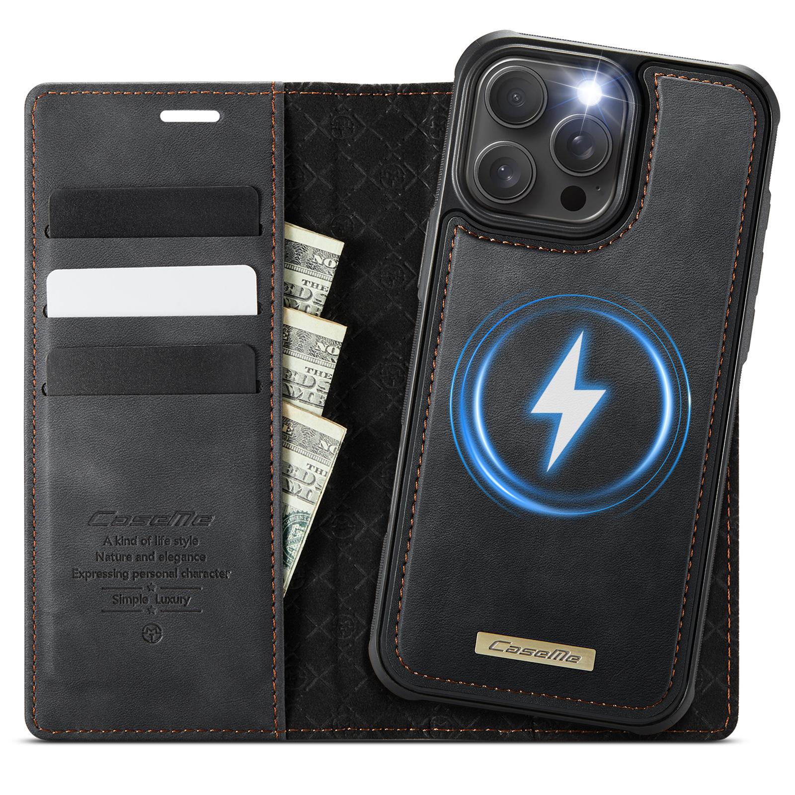

For iPhone 15 Pro Case CASEME C49 Compatible with MagSafe RFID Blocking Detachable Wallet Leather Phone Cover Black