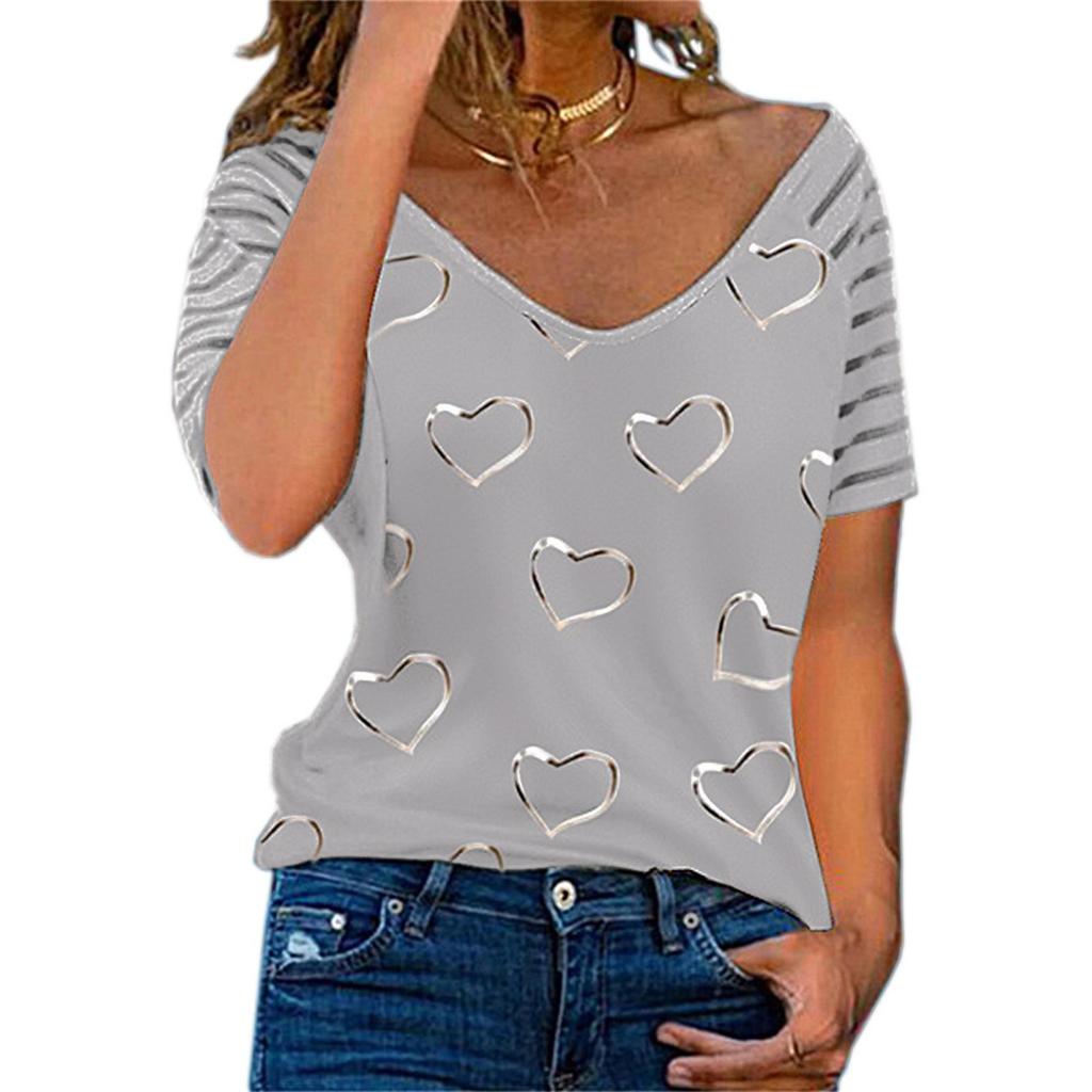 Ladies' top, short-sleeved, heart-shaped printed V-neck
