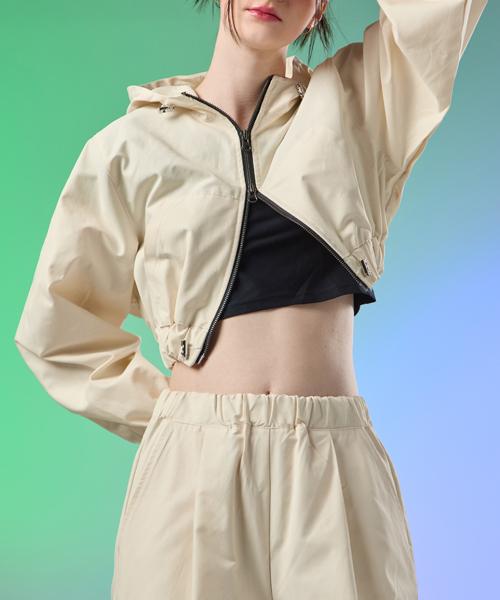 Koleat Women Maxi Crop Zip-Up Hooded Field Jacket Windbreaker [Ivory]
