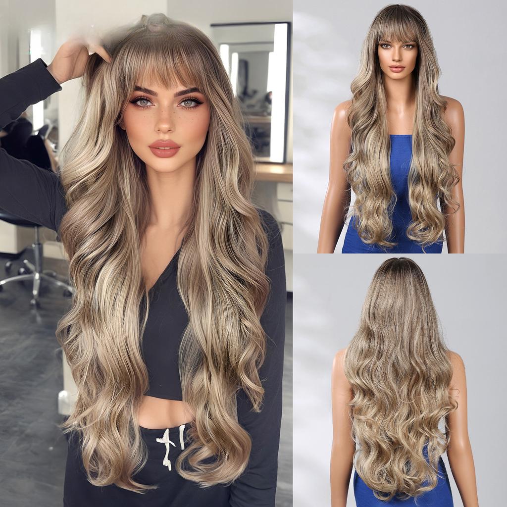 New Women'S Bangs Dark Brown Big Wave Fashion Long Curly Hair Wig Full Hair Wigs